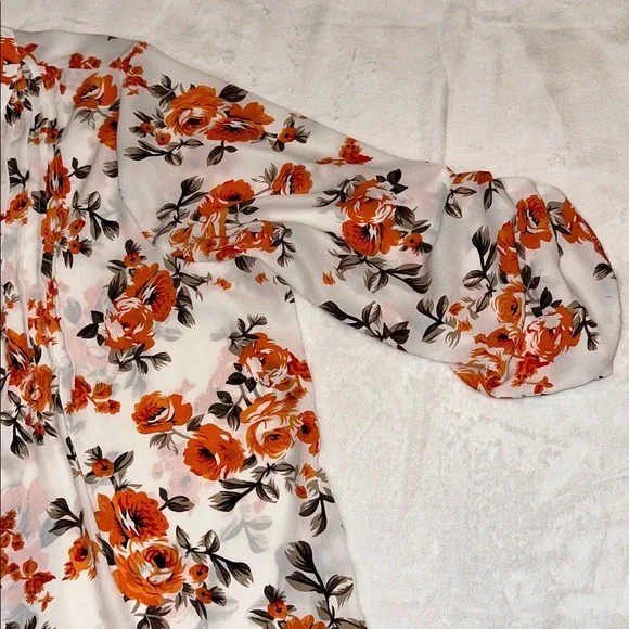 NY Collection Woman Orange Floral Button Up Mandarin Collar Blouse Size 2X - Picture 2 of 5